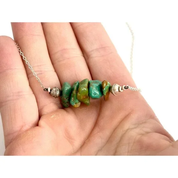 Freeform Turquoise Gemstone Sterling Silver 925 Vintage Pendant Necklace - 16" - Picture 10 of 15